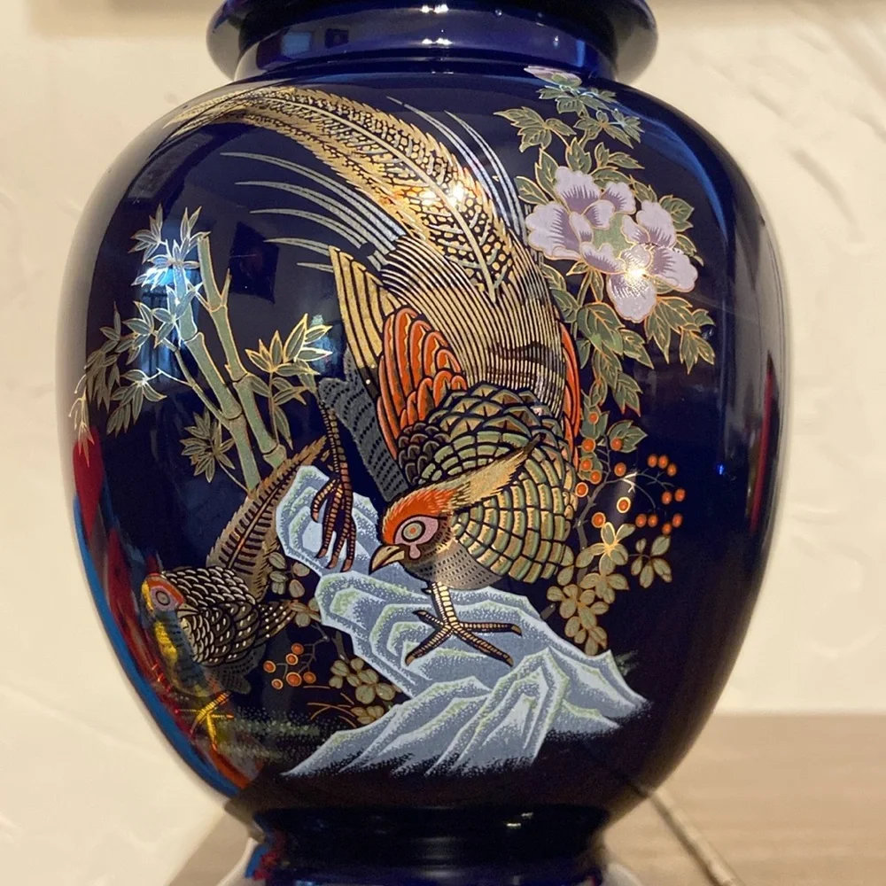 Vintage Japanese Ginger Jar w/ Lid Cobalt Blue with Peacock Bird & Floral 9” - Picture 4 of 15